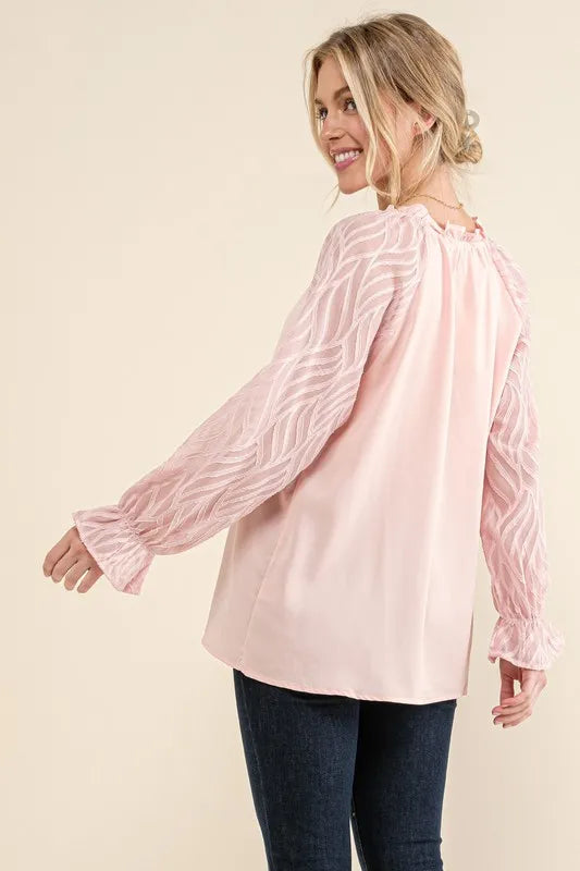 And The Why Leaves Shape Textured Sleeve Blouse Blouses