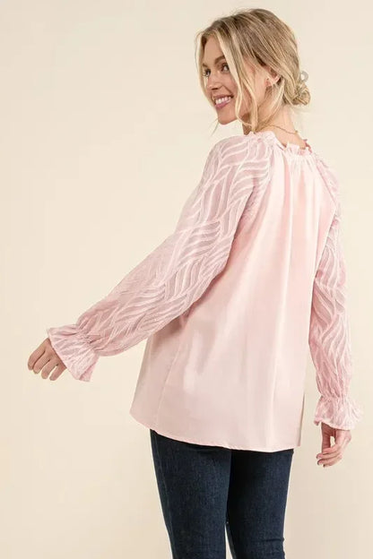 And The Why Leaves Shape Textured Sleeve Blouse - DAVERRI FASHIONS