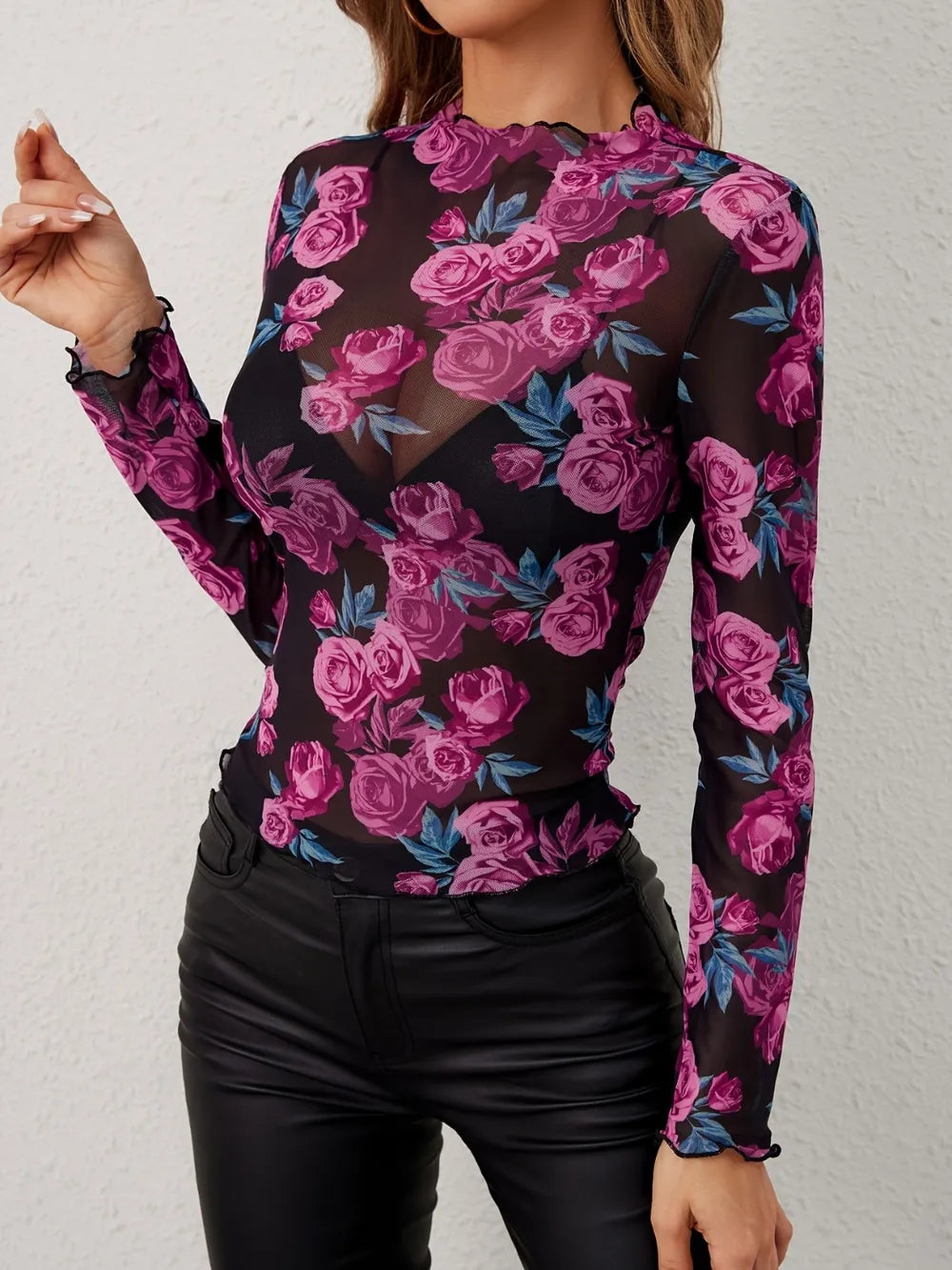 Floral Mock Neck Long Sleeve Top | Tops Daverri Fashions