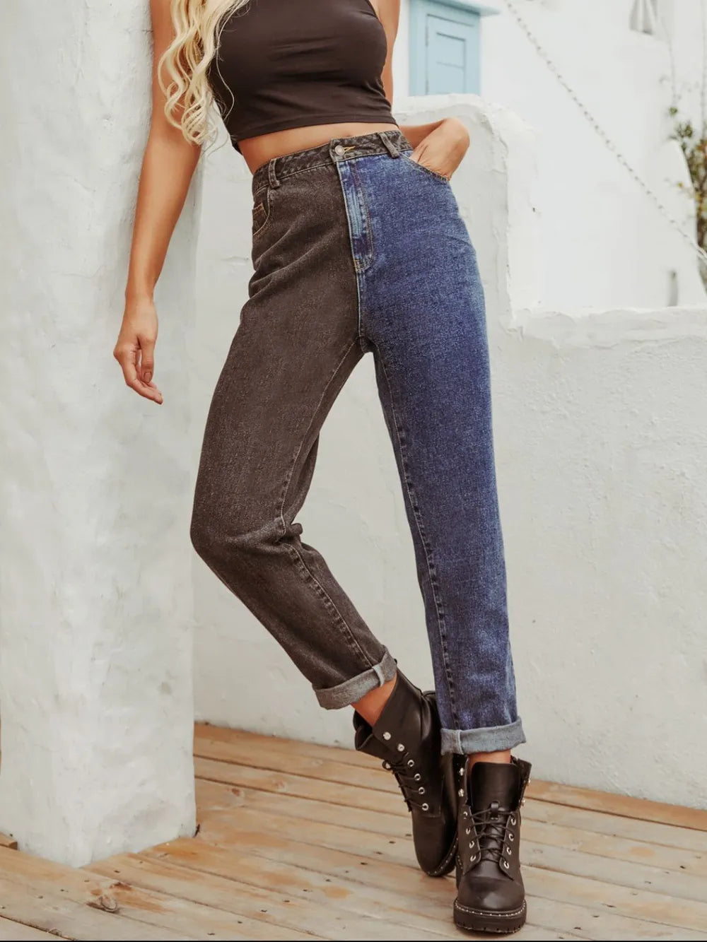 Medium Two Tone Straight Leg Jeans | Jeans Daverri Fashions