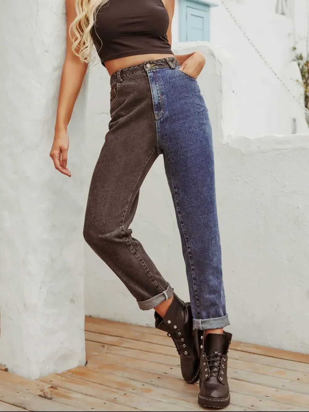 Two Tone Straight Leg Jeans - DAVERRI FASHIONS