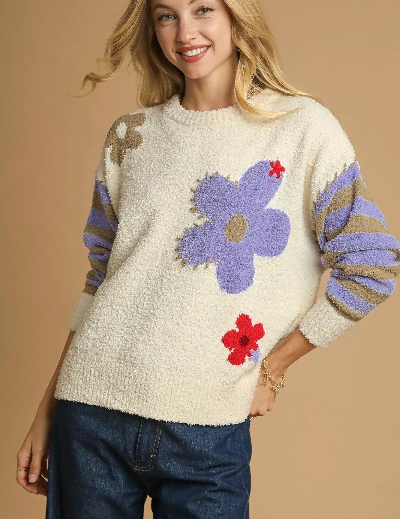 Umgee Flower Jacquard Striped Long Sleeve Sweater | Sweaters Daverri Fashions