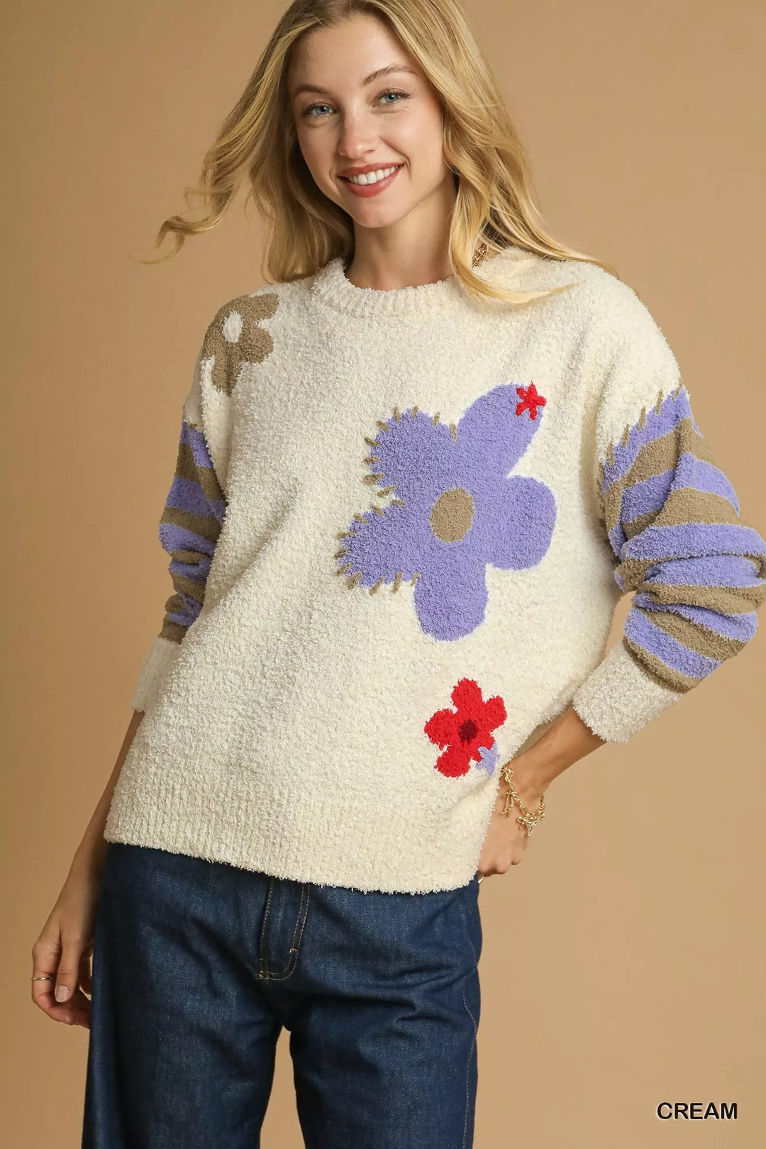 Umgee Flower Jacquard Striped Long Sleeve Sweater | Sweaters Daverri Fashions