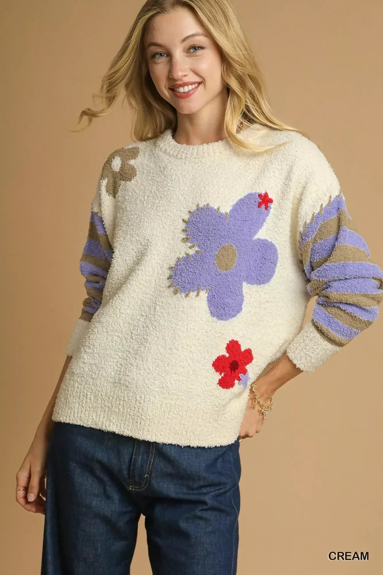 Umgee Flower Jacquard Striped Long Sleeve Sweater - DAVERRI FASHIONS