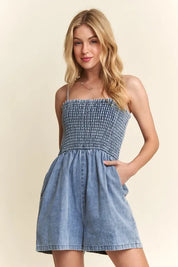 ADORA Smocked Spaghetti Strap Denim Romper | Rompers Daverri Fashions
