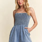 ADORA Smocked Spaghetti Strap Denim Romper Rompers