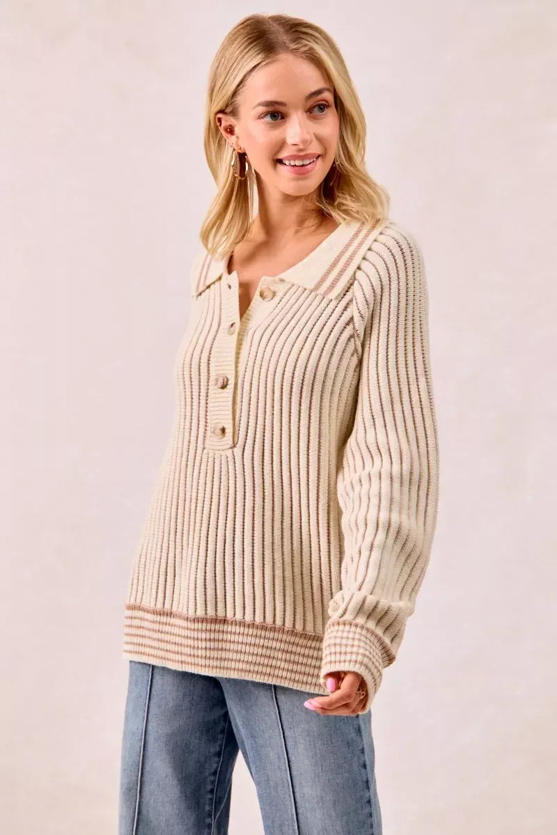 BiBi Half Button Ribbed Two Tone Sweater - DAVERRI FASHIONS