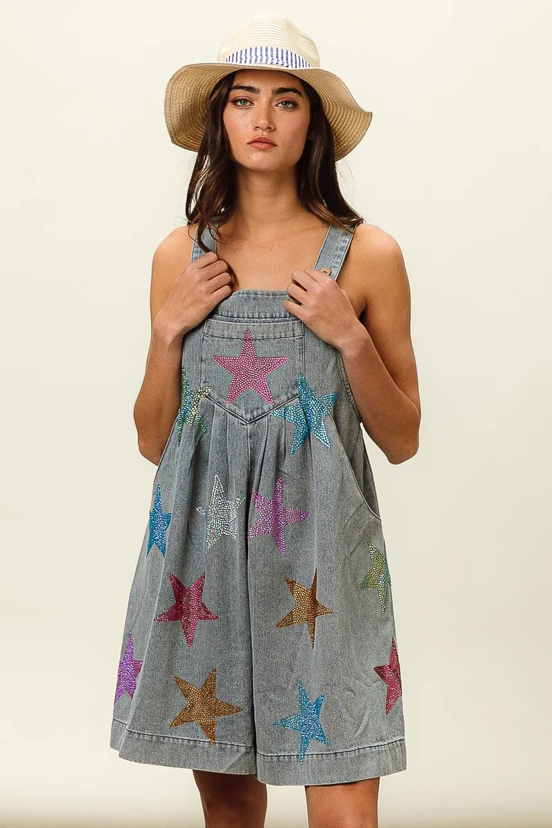 BiBi Star Rhinestone Washed Wide Leg Shortalls Shortalls