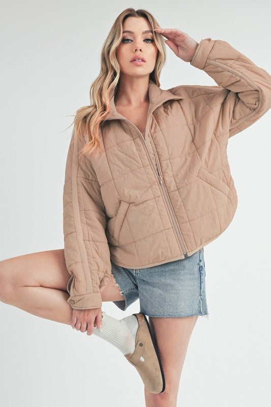 Aemi + Co Quilted Zip Up Puffer Jacket Oatmeal