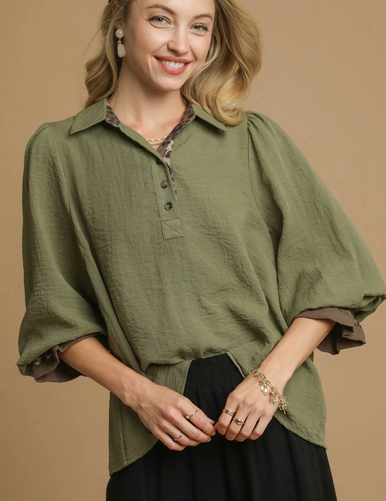 Olive Umgee Half Button Blouse with Leopard Print Trim | Blouses Daverri Fashions
