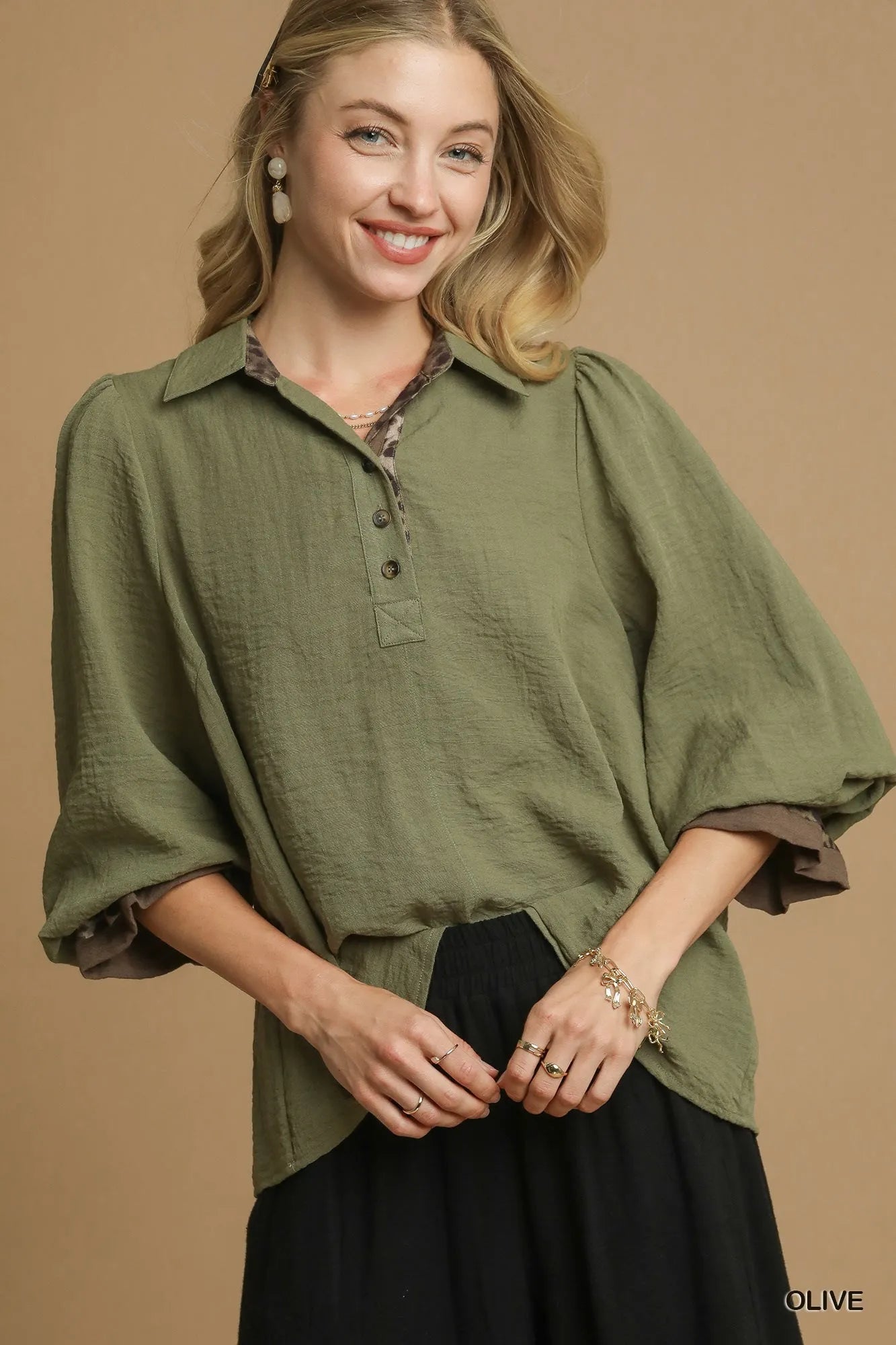 Olive Umgee Half Button Blouse with Leopard Print Trim | Blouses Daverri Fashions