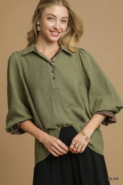Olive Umgee Half Button Blouse with Leopard Print Trim | Blouses Daverri Fashions