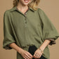 Umgee Half Button Blouse with Leopard Print Trim - DAVERRI FASHIONS