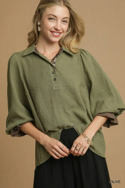 Umgee Half Button Blouse with Leopard Print Trim - DAVERRI FASHIONS
