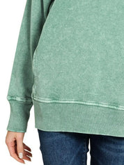 Zenana Halo Snow Washed French Terry Round Neck Sweatshirt DK Green | Sweatshirts Daverri Fashions