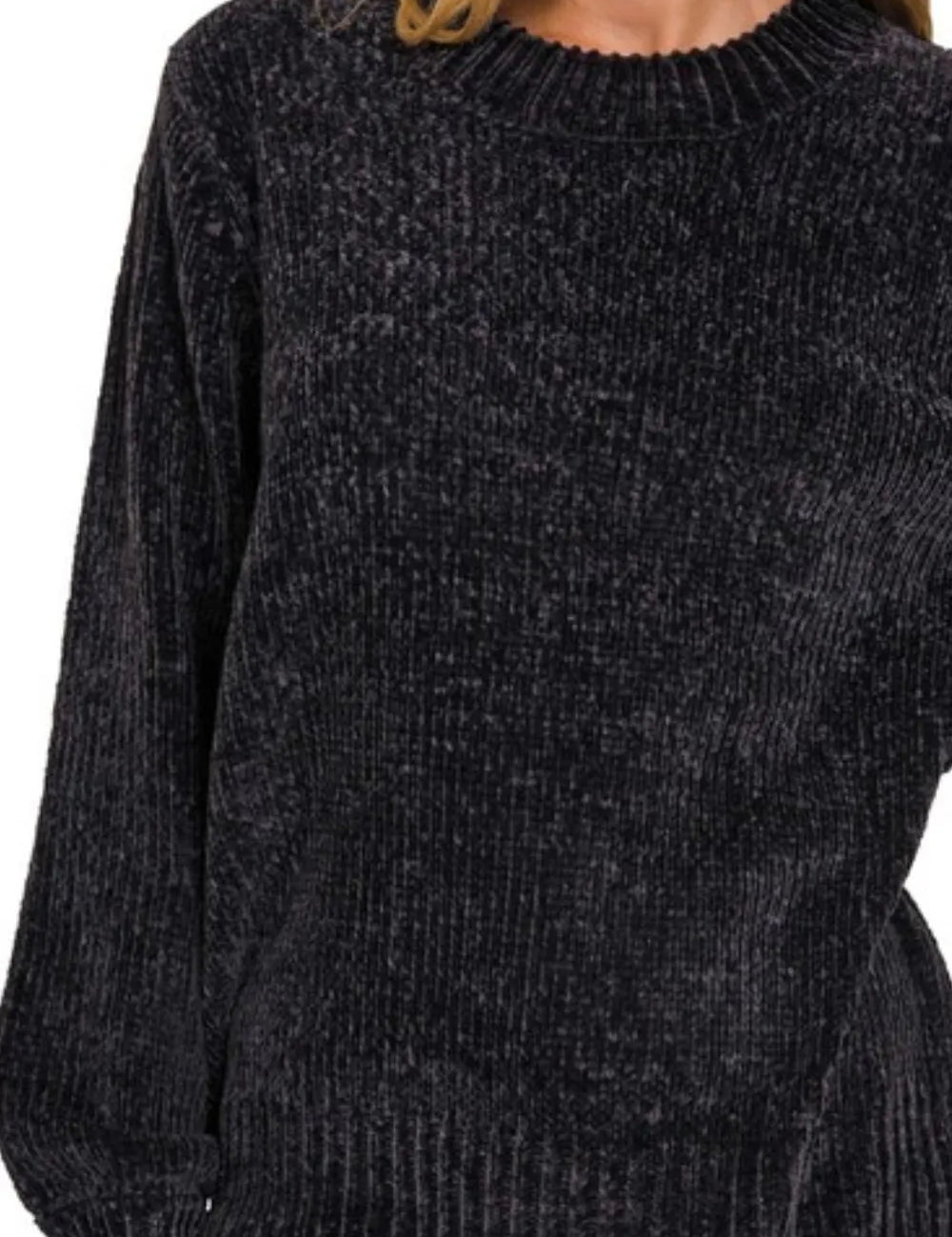 Zenana Round Neck Balloon Sleeve Chenille Sweater | Sweaters Daverri Fashions