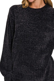 Zenana Round Neck Balloon Sleeve Chenille Sweater | Sweaters Daverri Fashions