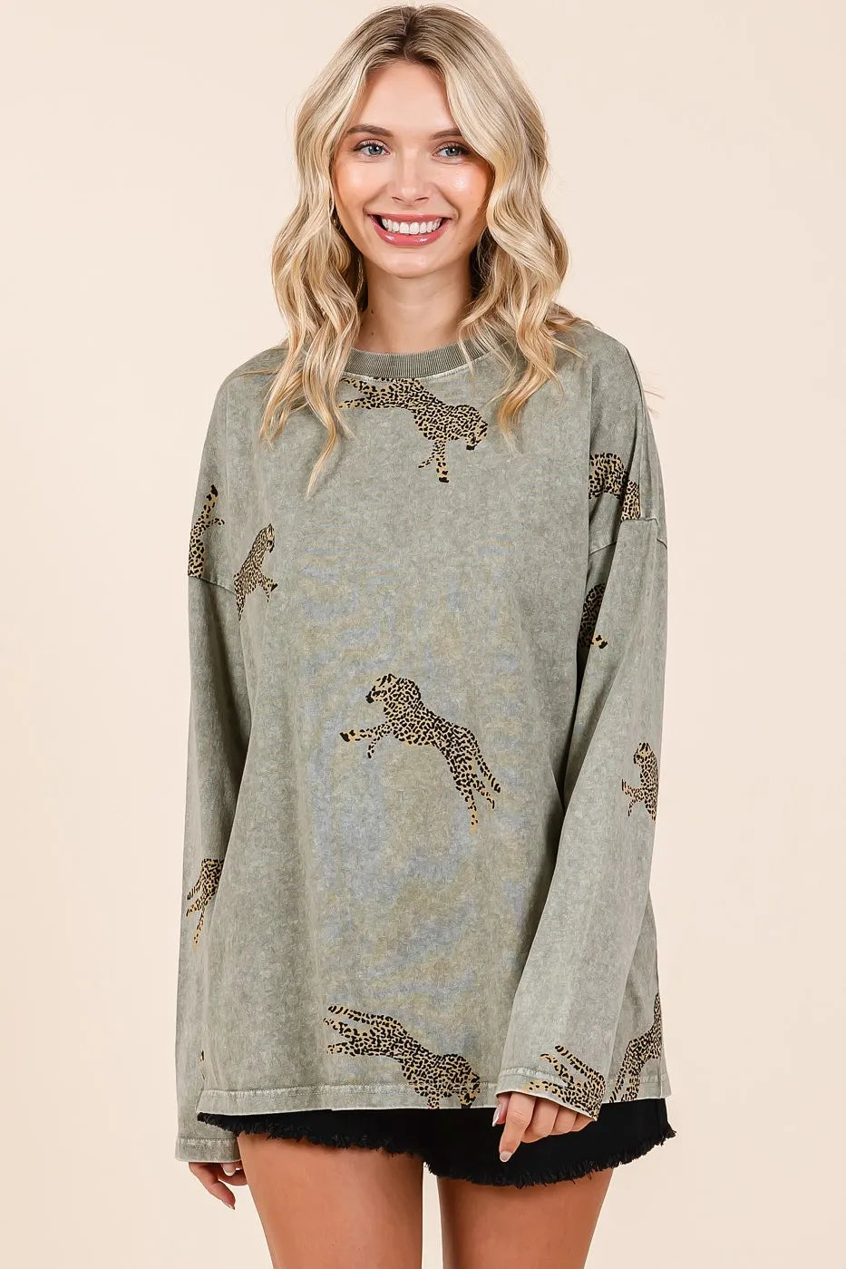 Mittoshop Mineral Wash Cheetah Print Long Sleeve Top | Tops Daverri Fashions