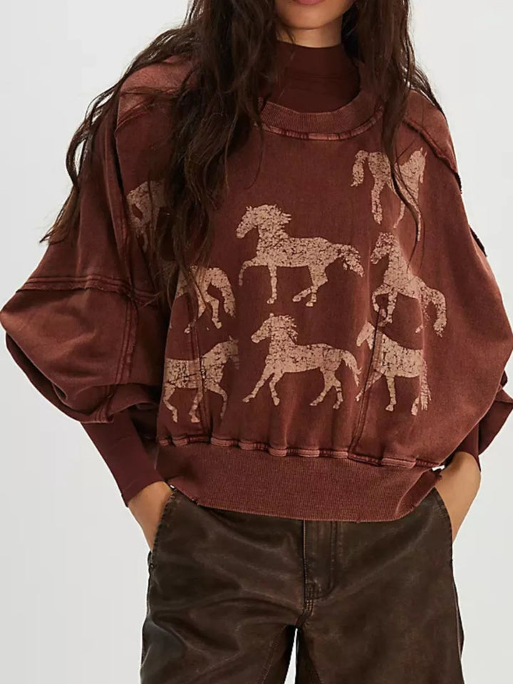Dark Brown Printed Round Neck Dropped Shoulder Sweatshirt | Sweatshirts Daverri Fashions