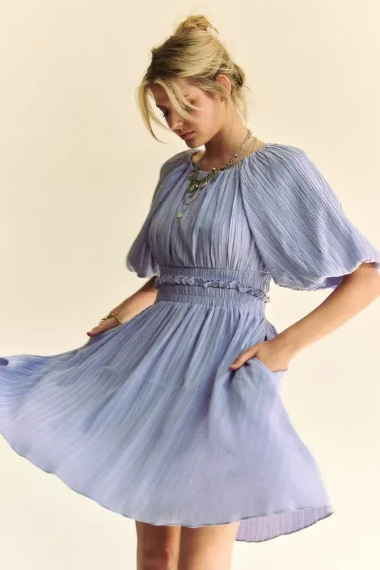 Davi & Dani Back Button Puff Sleeve Mini Dress - DAVERRI FASHIONS