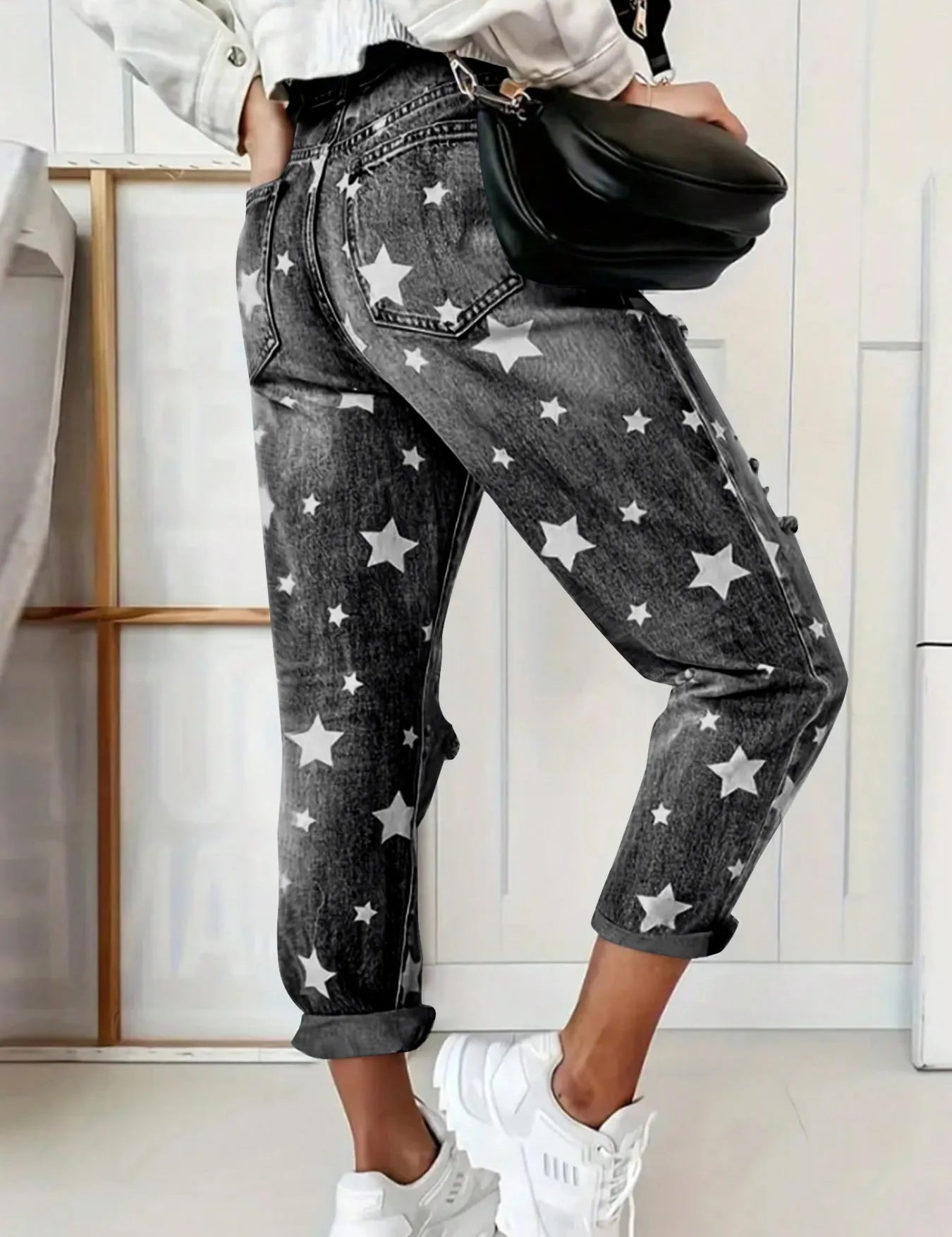 Star Print Distressed High Waist Boyfriend Jeans | Jeans Daverri Fashions