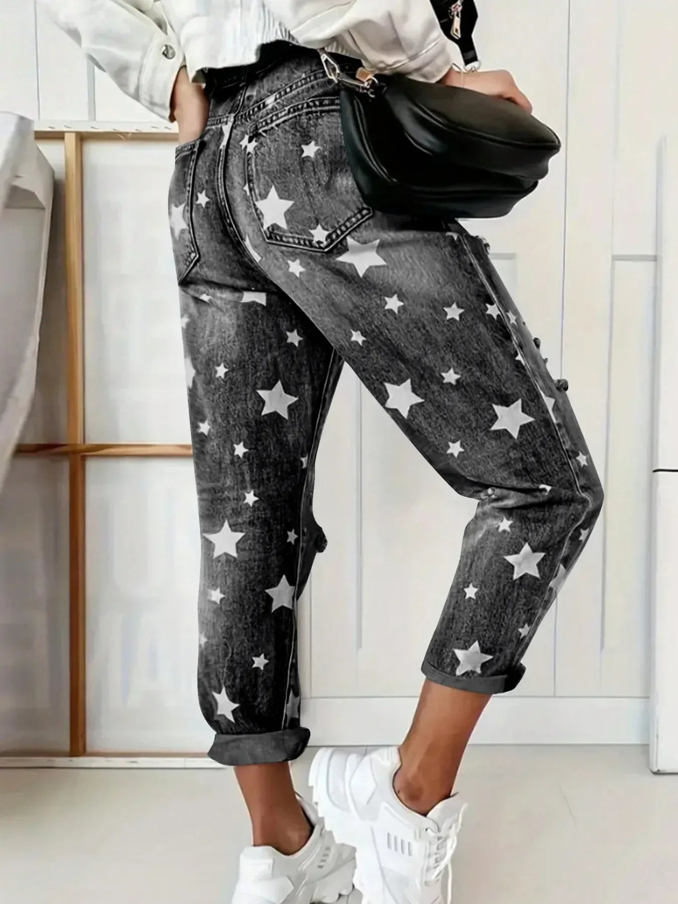 Star Print Distressed High Waist Boyfriend Jeans - DAVERRI FASHIONS