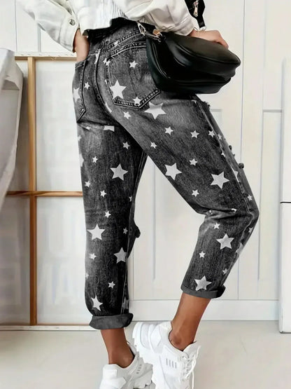 Star Print Distressed High Waist Boyfriend Jeans - DAVERRI FASHIONS