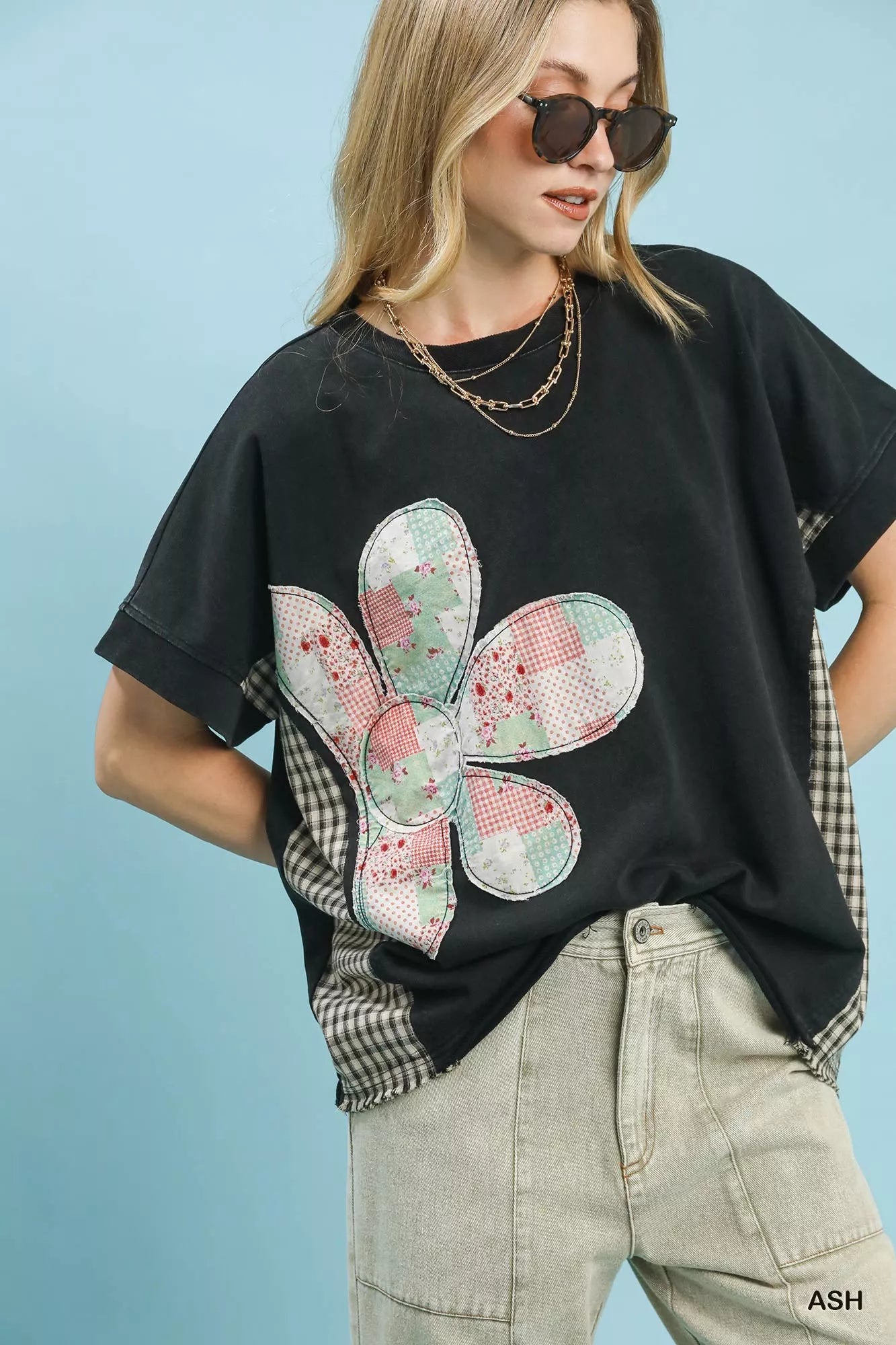 Umgee Ash black oversized mineral wash French terry top with pink green white flower patchwork