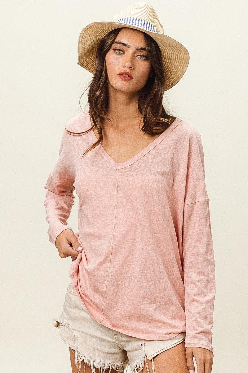 BiBi Exposed Seam V-Neck Long Sleeve T-Shirt T-Shirts