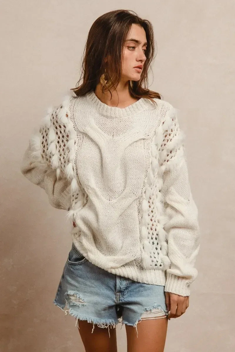 BiBi Faux Fur Detailed Pointelle Cable Knit Sweater - DAVERRI FASHIONS
