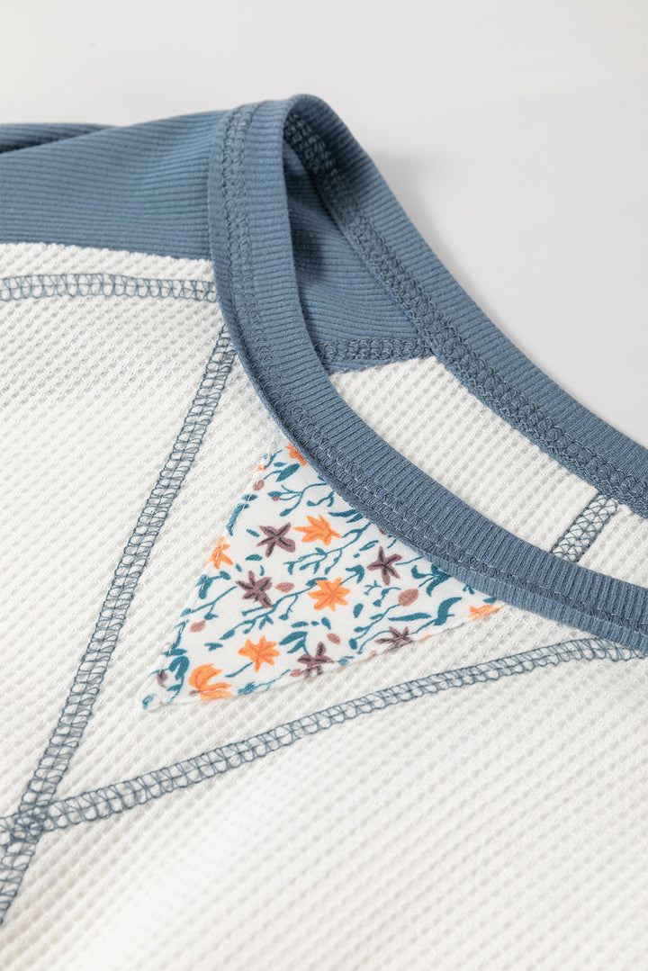White Floral Patchwork Waffle Knit Raglan Top | Tops/Long Sleeve Tops Daverri Fashions