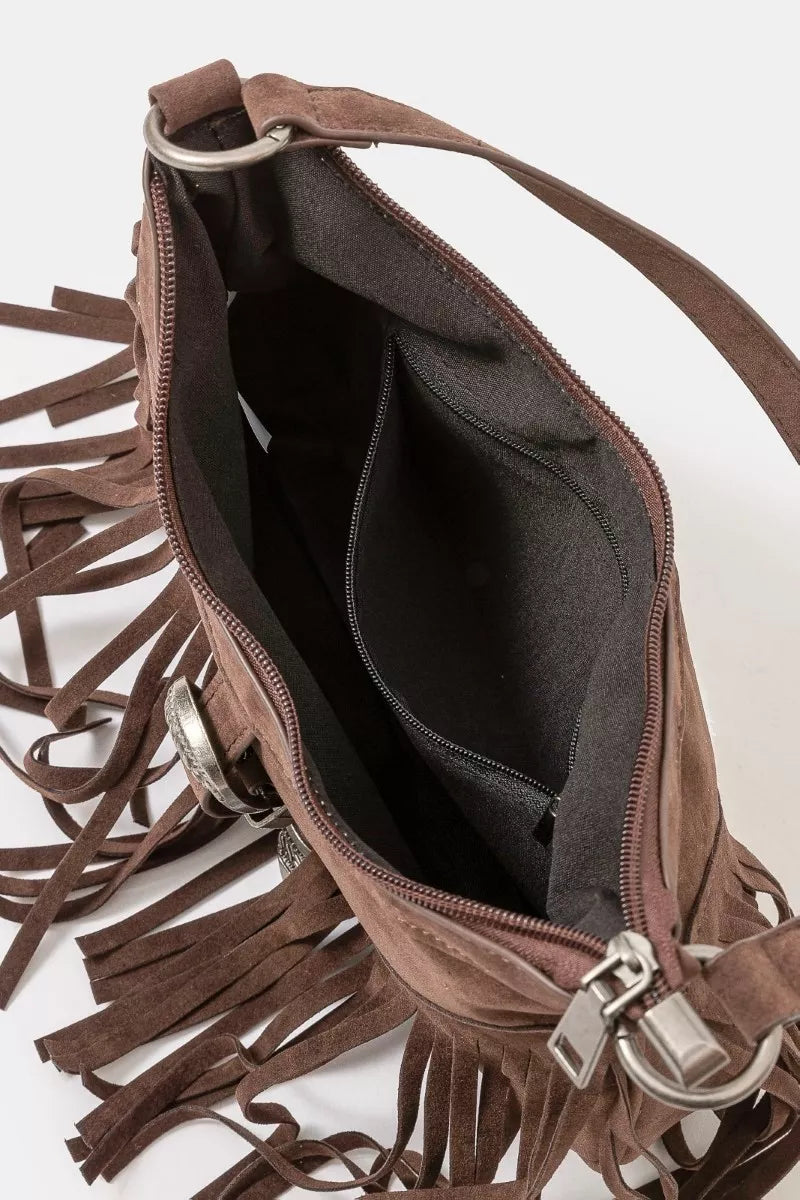 Fame Faux Suede Cascade Fringe Shoulder Bag | Handbags Daverri Fashions