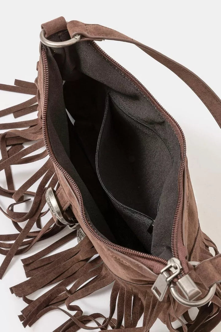 Fame Faux Suede Cascade Fringe Shoulder Bag | Handbags Daverri Fashions
