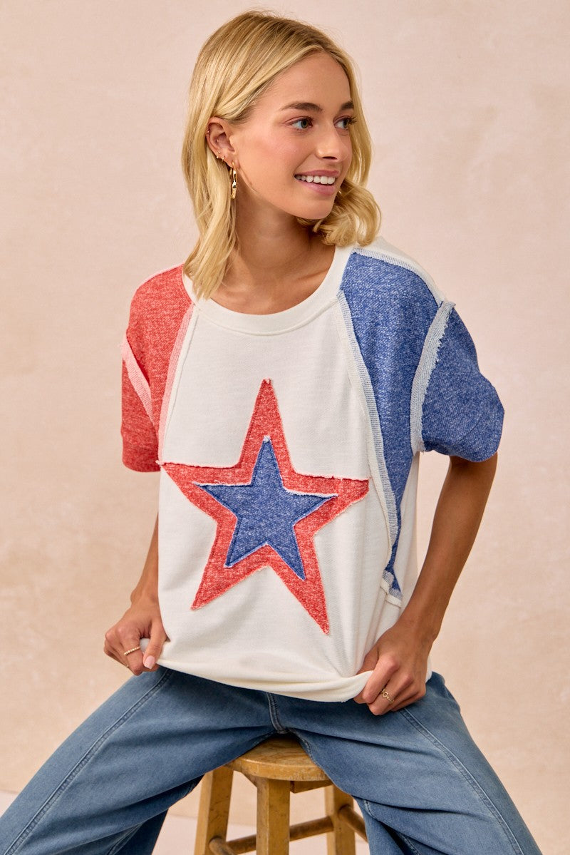 BiBi Fourth of July star-patterned raglan tee in white, red, blue textured knit