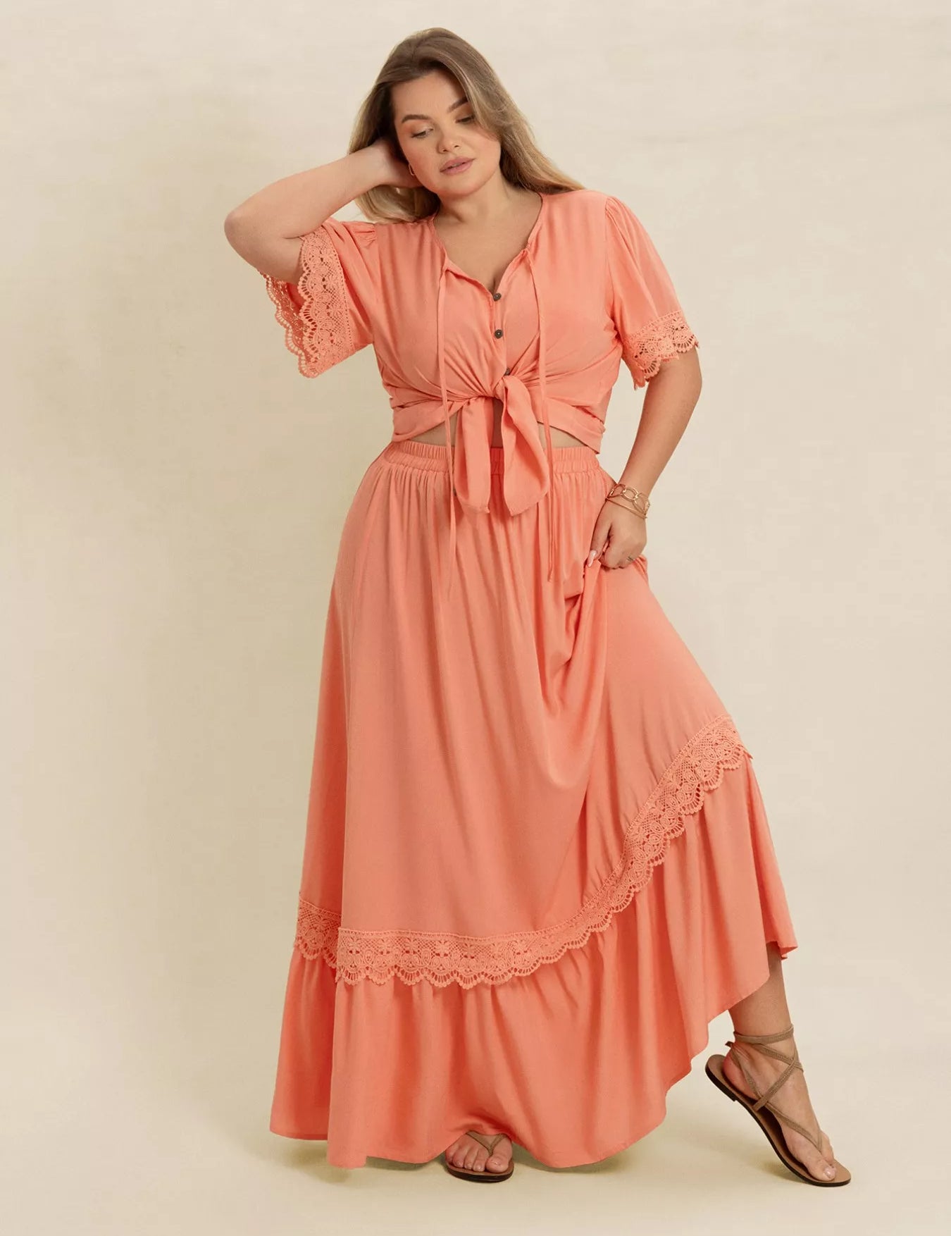 Plus Size Lace Detail Tie Neck Top and Skirt Set | Outfit Sets Daverri Fashions