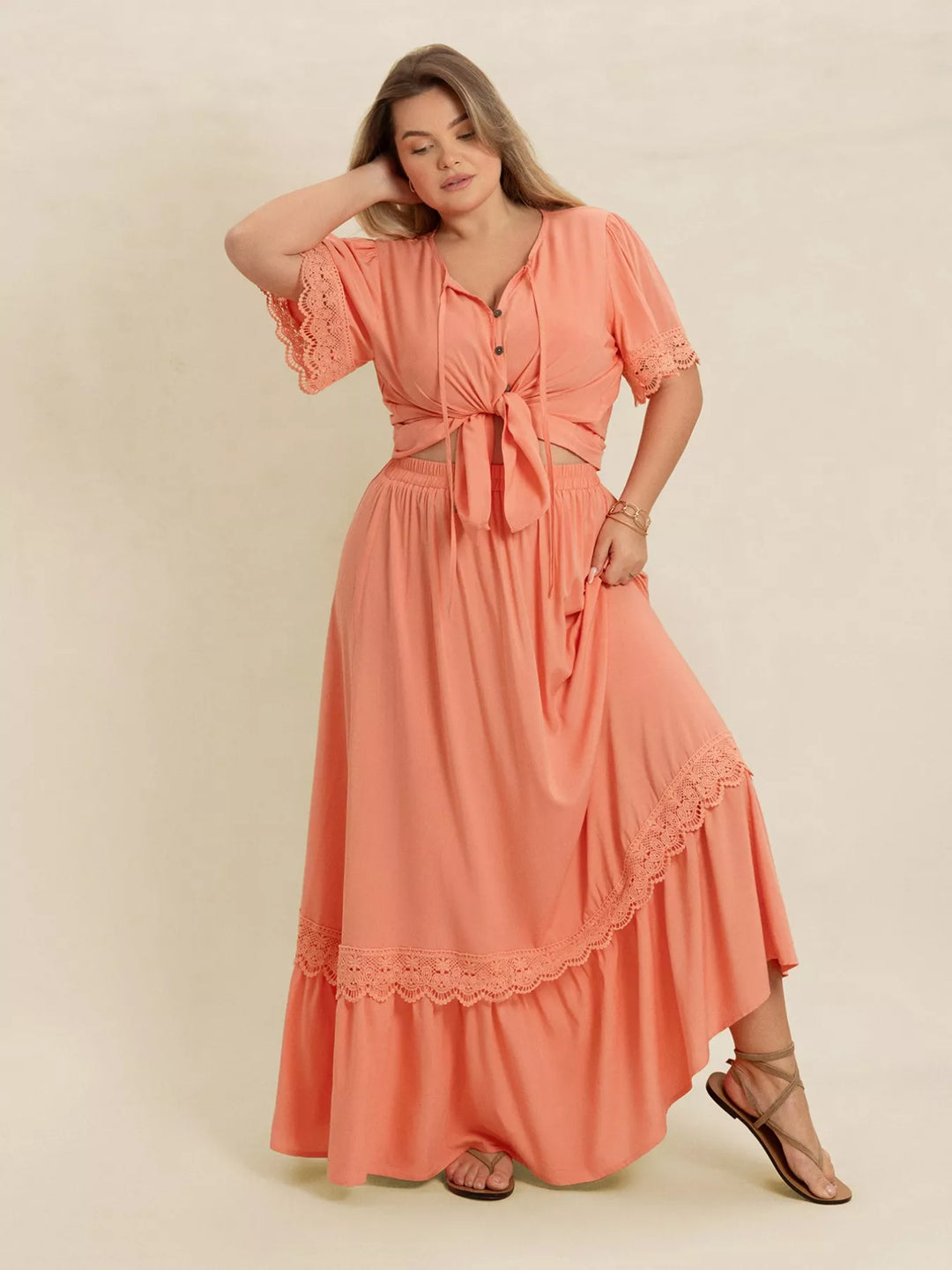 Plus Size Lace Detail Tie Neck Top and Skirt Set | Outfit Sets Daverri Fashions