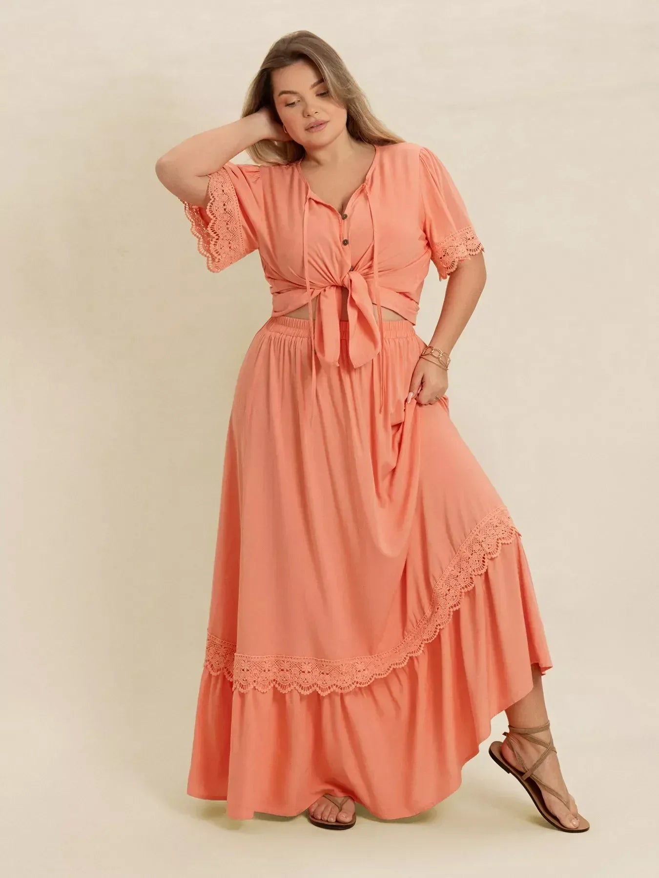 Plus Size Lace Detail Tie Neck Top and Skirt Set - DAVERRI FASHIONS