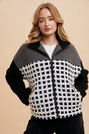 Annie Wear Plaid Zip Up Drop Shoulder Sherpa Jacket Tops