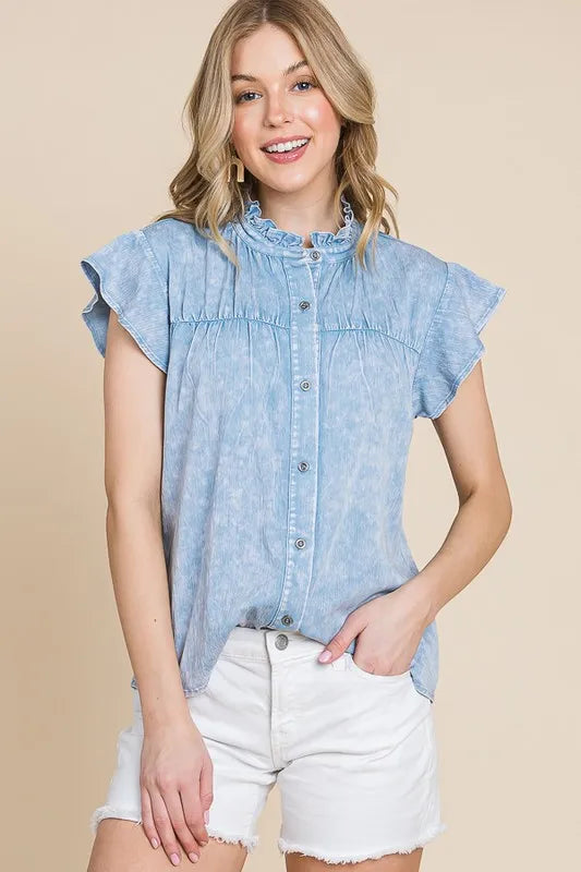 Lime 'N' Chili Mineral Wash Flutter Sleeve Button Down Shirt