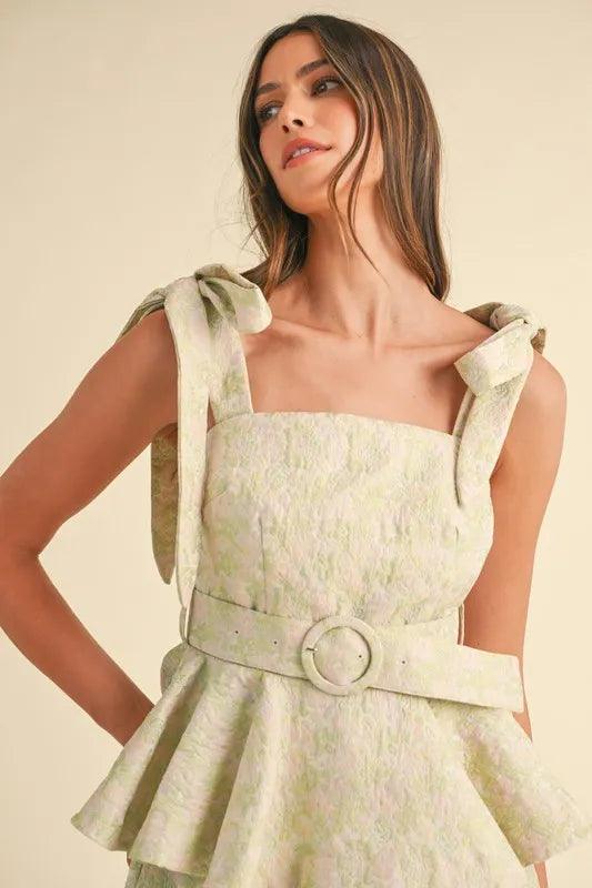 MABLE Jacquard Floral Peplum Top and Flare Shorts Set Outfit Sets