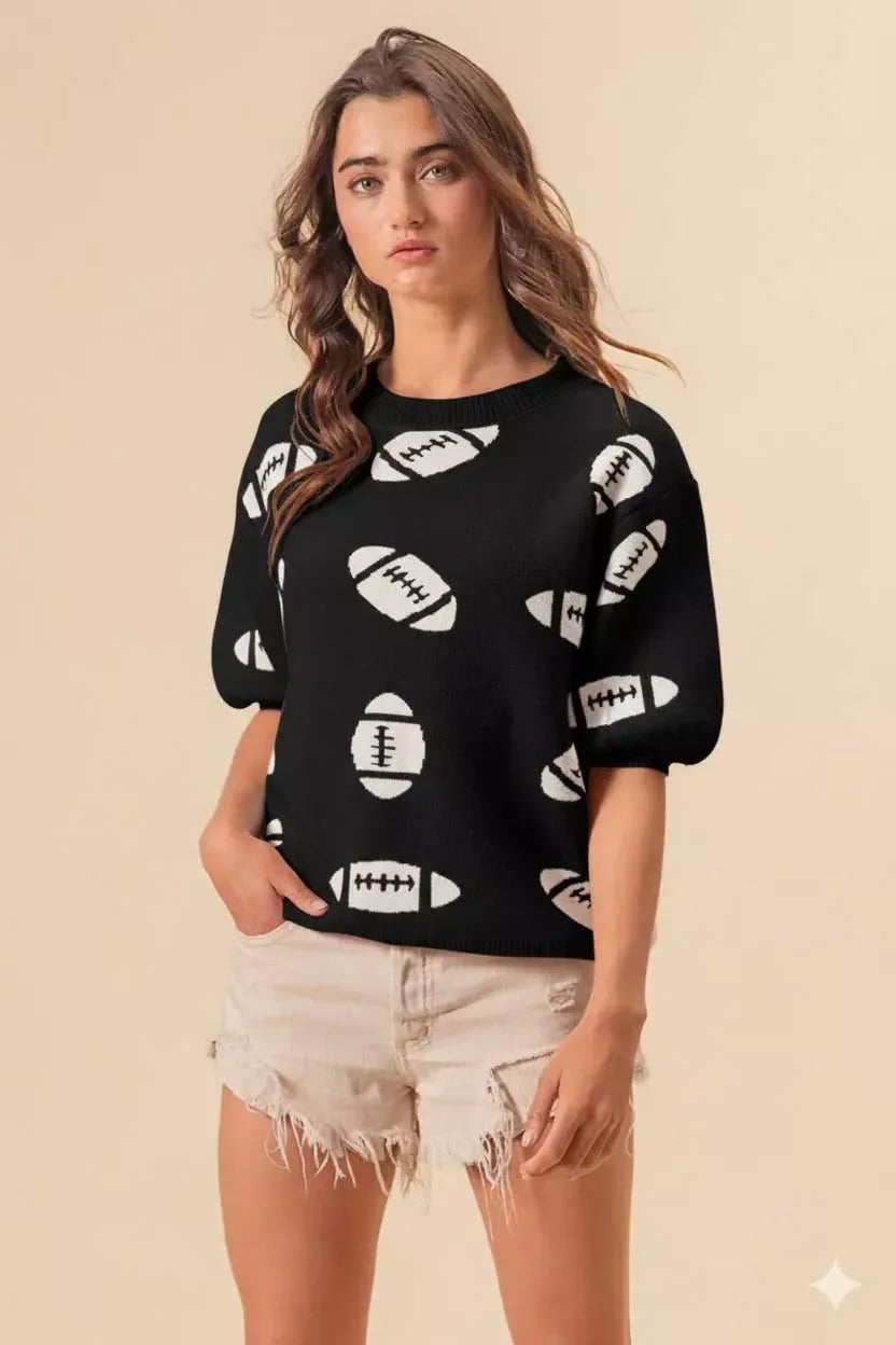 BiBi Football Pattern Short Sleeve Sweater - DAVERRI FASHIONS
