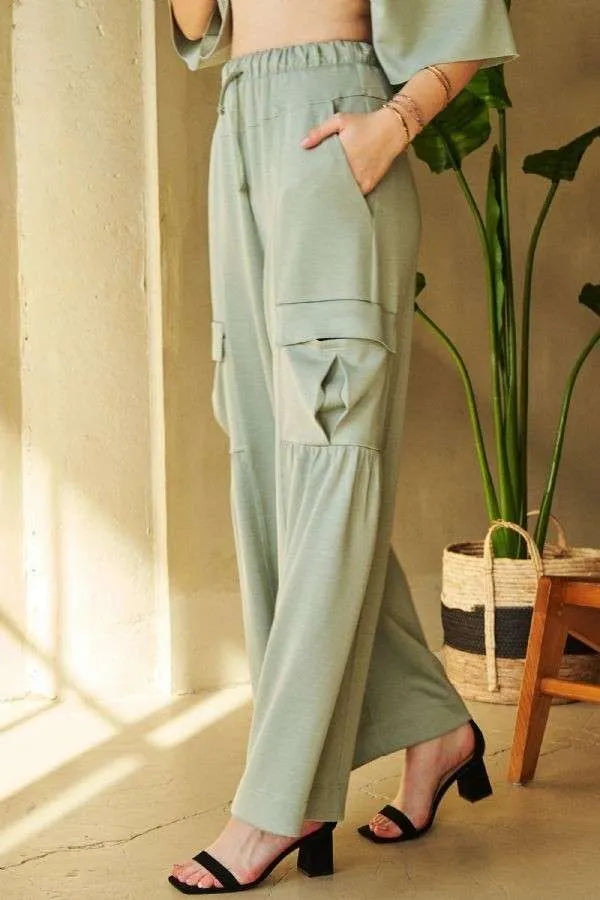 Light green Davi & Dani drawstring ruched wide leg cargo pants