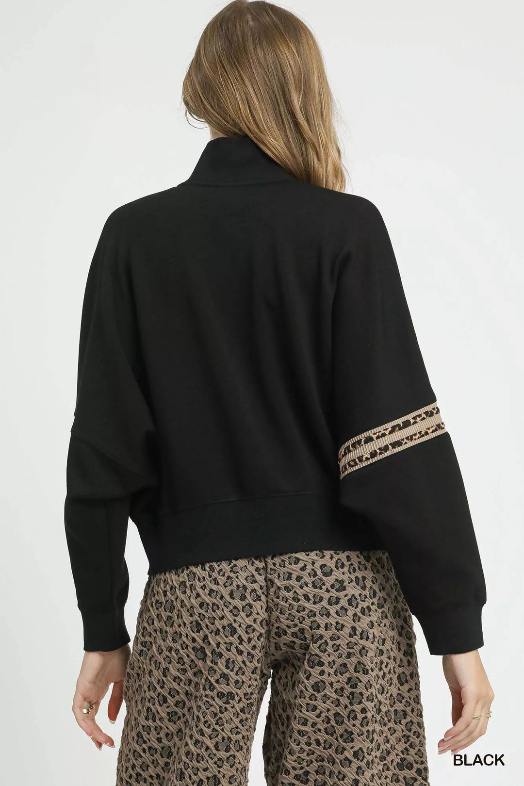 Umgee Zipper Up Cropped Jacket with Leopard Trim | Jackets Daverri Fashions