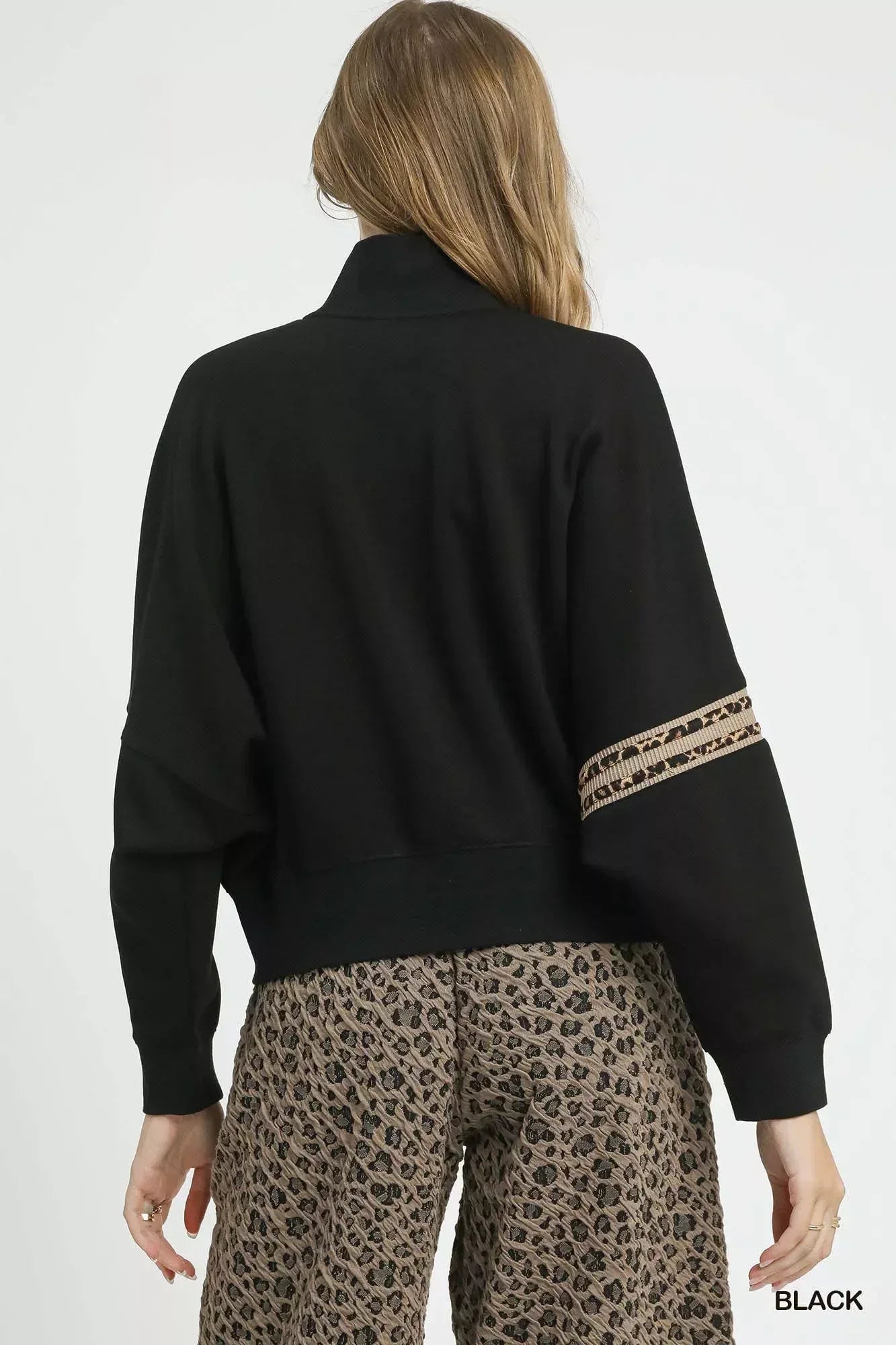 Umgee Zipper Up Cropped Jacket with Leopard Trim - DAVERRI FASHIONS