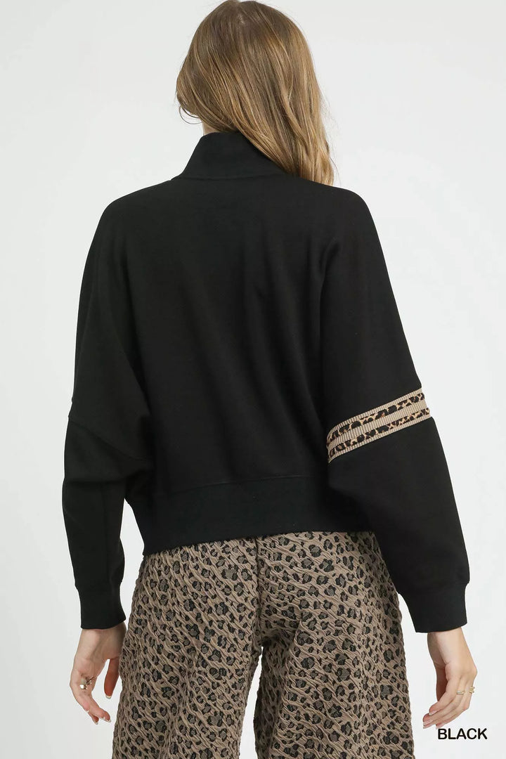 Umgee Zipper Up Cropped Jacket with Leopard Trim | Jackets Daverri Fashions