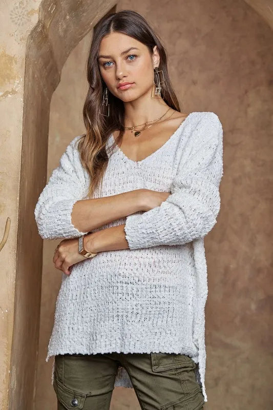 ADORA High-Low Side Slit V-Neck Sweater | Sweaters Daverri Fashions