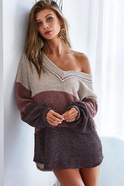 BiBi Color Block Out Stitching V-Neck Knit Top | Tops Daverri Fashions