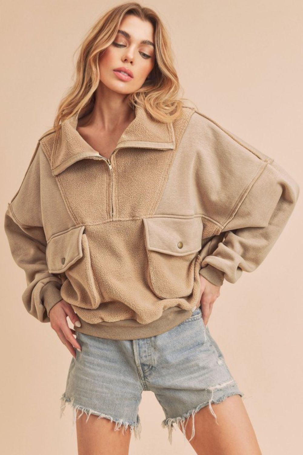 Aemi + Co Exposed Seam Half Zip Sweatshirt with Pockets Oatmeal Sweatshirts