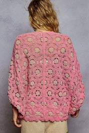 POL Openwork V-Neck Chenille Cardigan with Contrast Floral | Cardigans Daverri Fashions
