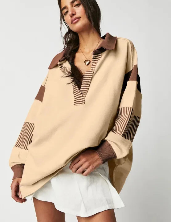 Daverri Fashions Color Block Johnny Collar Long Sleeve Sweatshirt - DAVERRI FASHIONS